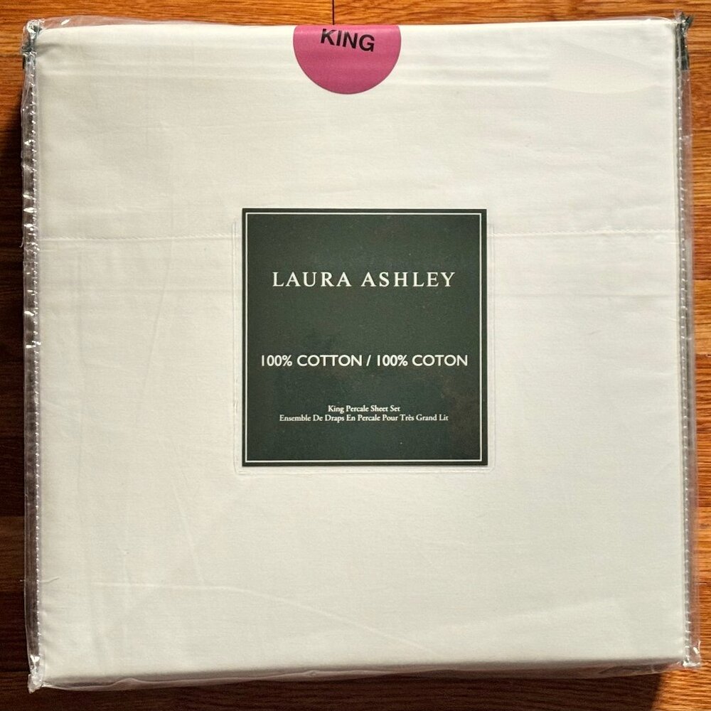 LAURA ASHLEY Off-White (Light Cream) King Sheet Set - Crisp Cotton Percale